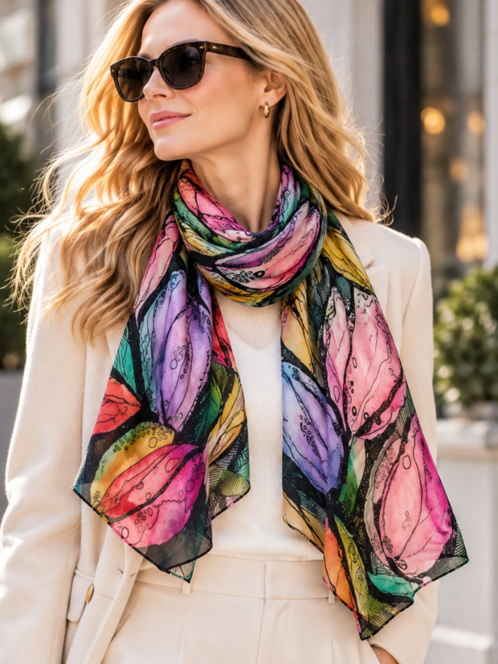 Cocoon House Women's Silk Scarf | 100% Silk, Watercolor Tulip Print, 16.5" x 58"